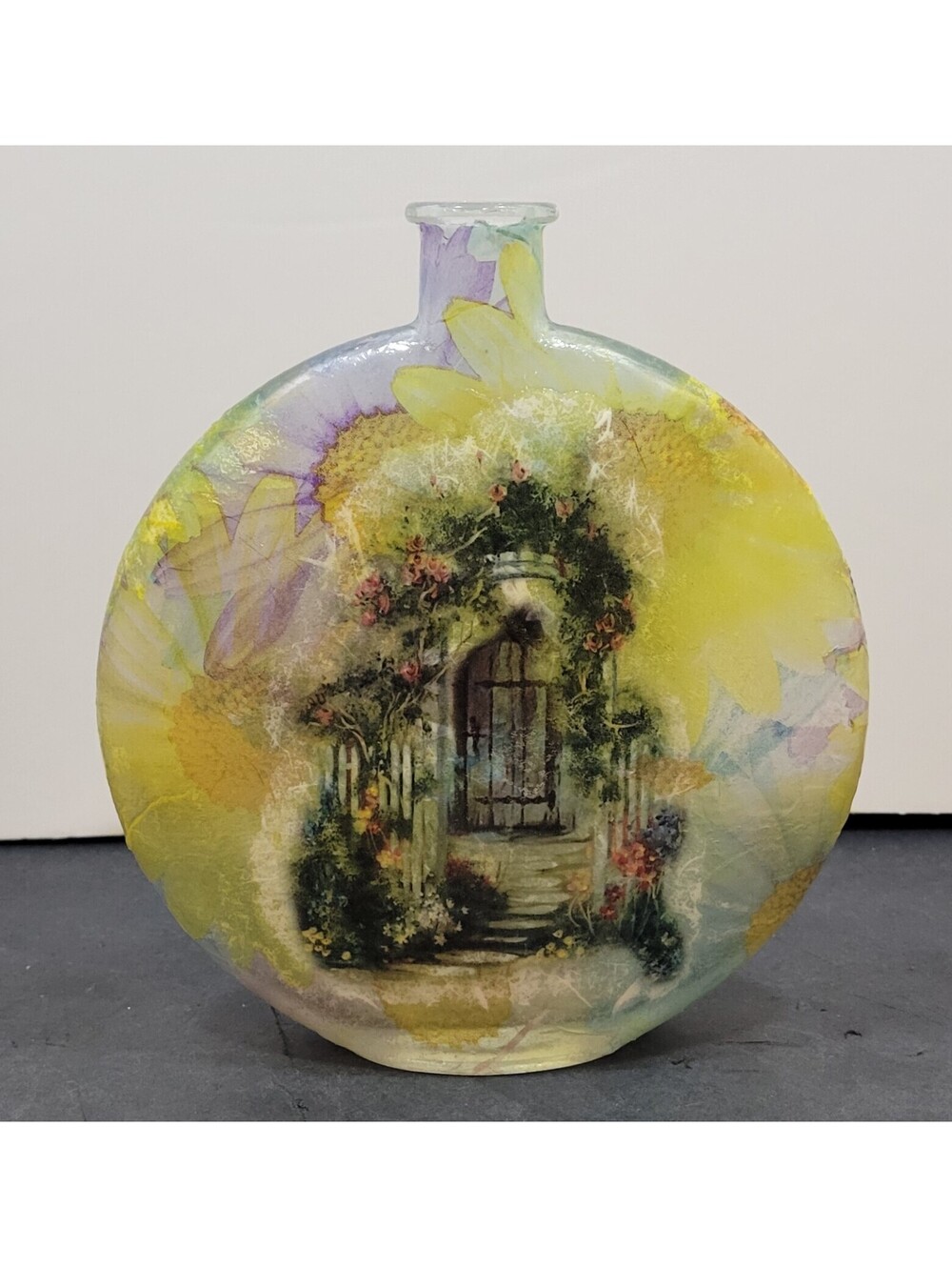 Decorative 7 1/8" Flattened Art Glass Vase Decoupage Style Garden Themed